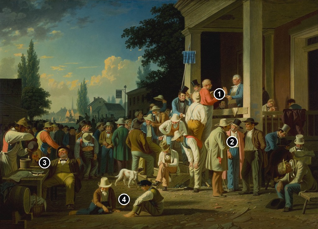 Annotated details from The County Election by George Caleb Bingham